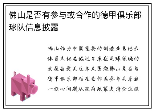 佛山是否有参与或合作的德甲俱乐部球队信息披露